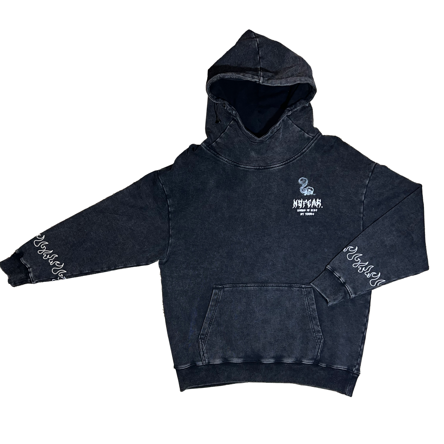 Puff Print Black Acid Washed nofear Hoodie